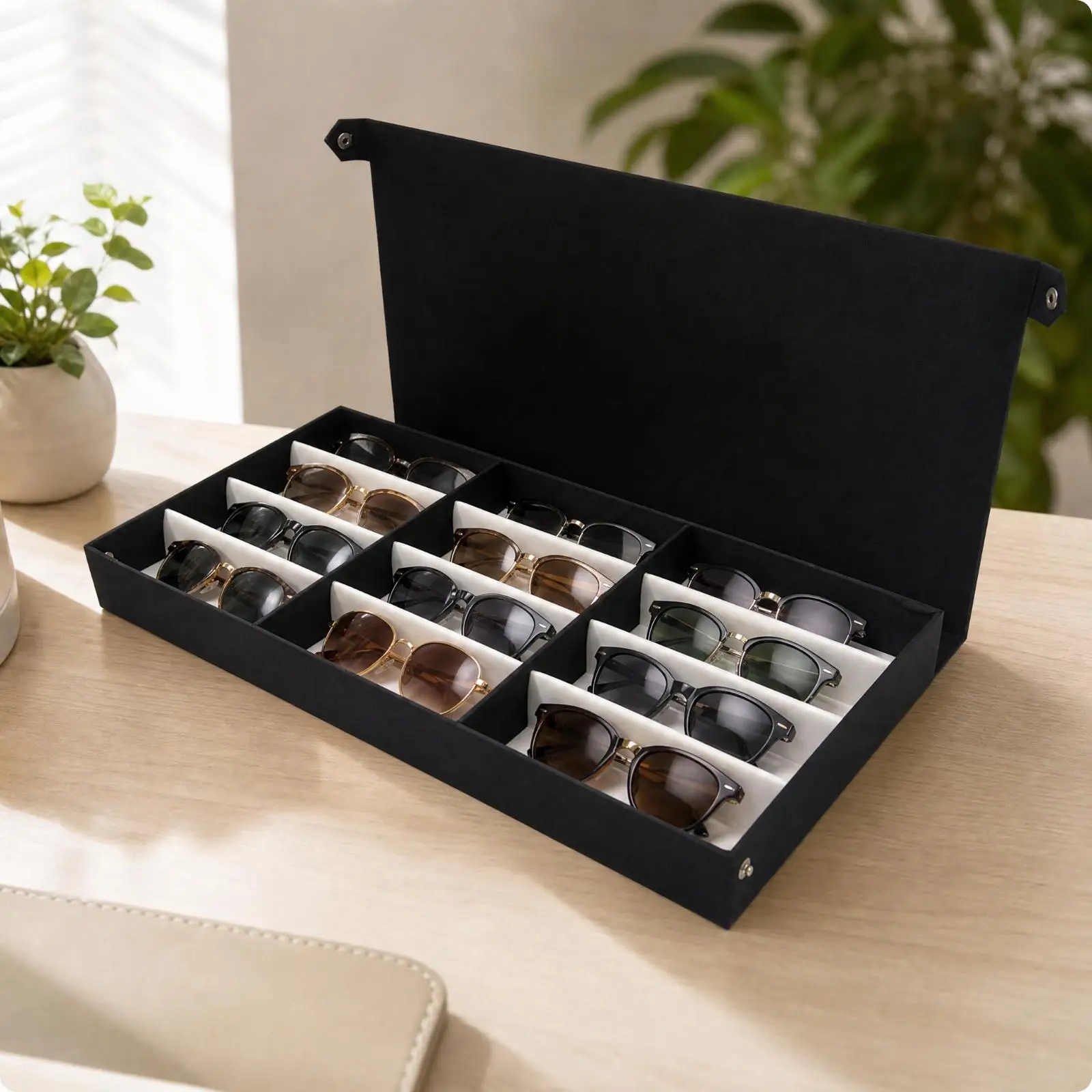 Sunglasses Storage Tray with Hinged Lid Compartmentalized Countertop Sunglasses Organizer Divided Eyewear Display Case
