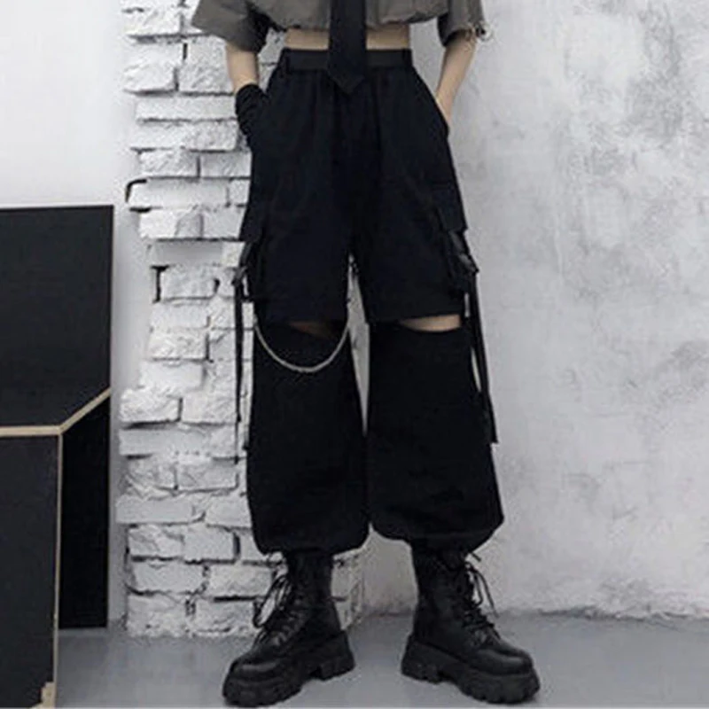 Autumn Fashion Cargo Pants Women Gothic Punk Black Wide Leg Lady Hot Pants Korean Fashion Street Wear Casual Trousers New