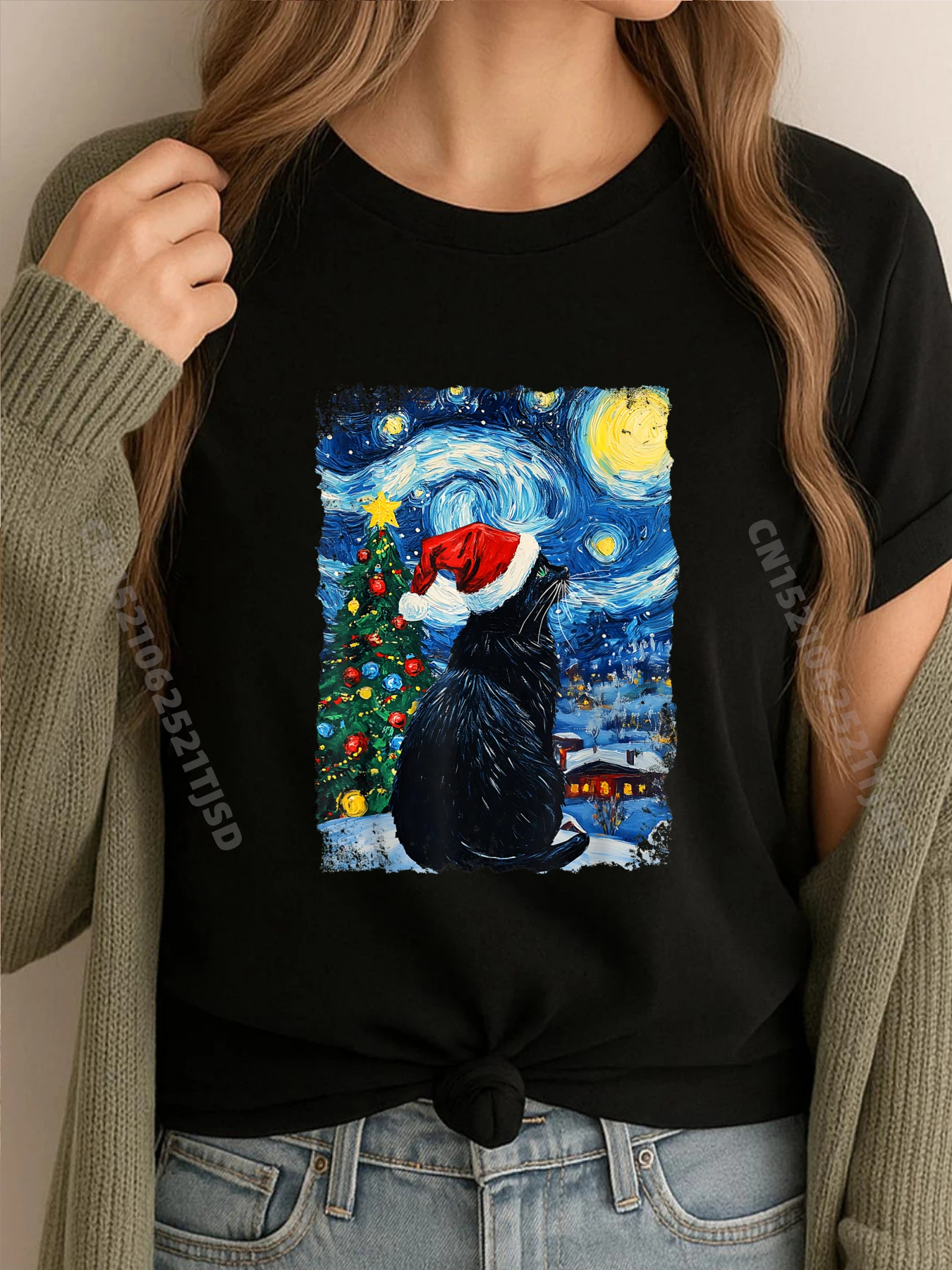

Черный кот, рождественский кот, любители звездной ночи, кот Ван Гога, футболка большого размера, женская забавная рубашка, национальный флаг на день