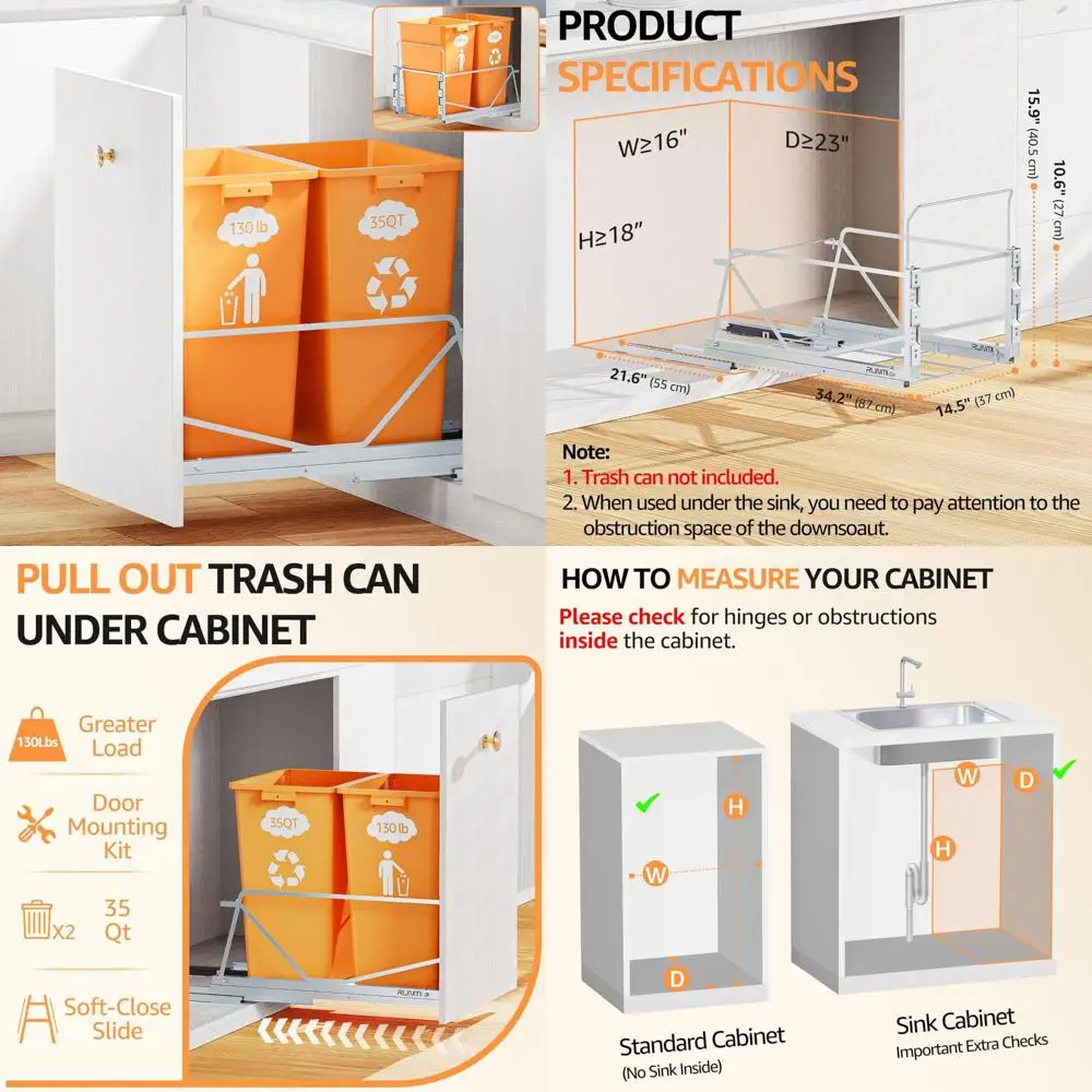 

Double Pullout Trash Can 35 Qt, Soft-Close Slides, Twin Mode Under Sink Garbage Bin Kit, Door Mounting for Kitchen Cabin, Space-