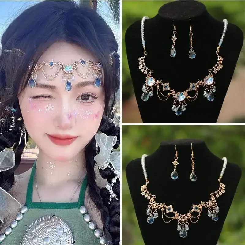 Original Handmade Open Collar Hanfu Lolita Dress Accessories Palace Style Blue Fairy Water Drop Multi Layer Forehead Necklace