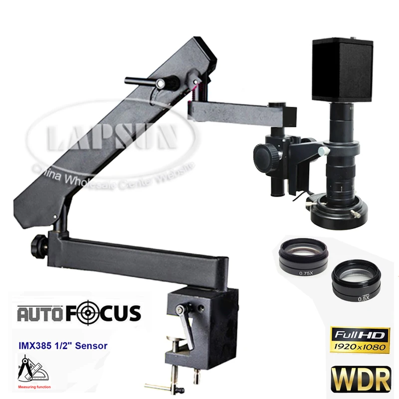 Sony IMX385 60FPS Auto Focus HDMI WDR Video Industry C-Mount Camera Microscope Set Articulating Stand Clamp 0.75X Barlow Lens V2