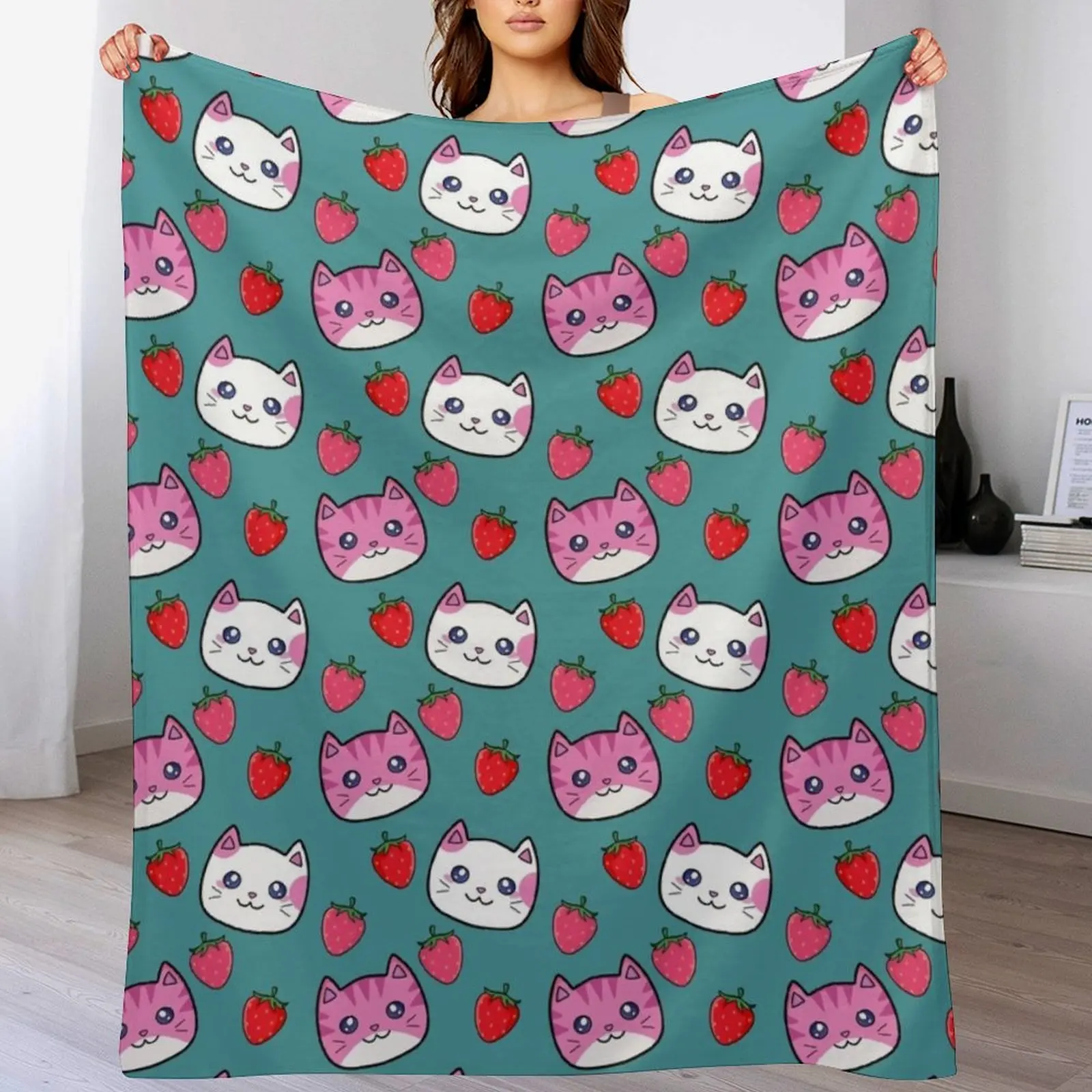 

Cute Kawaii Strawberry Cats on Blue Throw Blanket Stylish Decor Blanket Gift for Friends Roommate