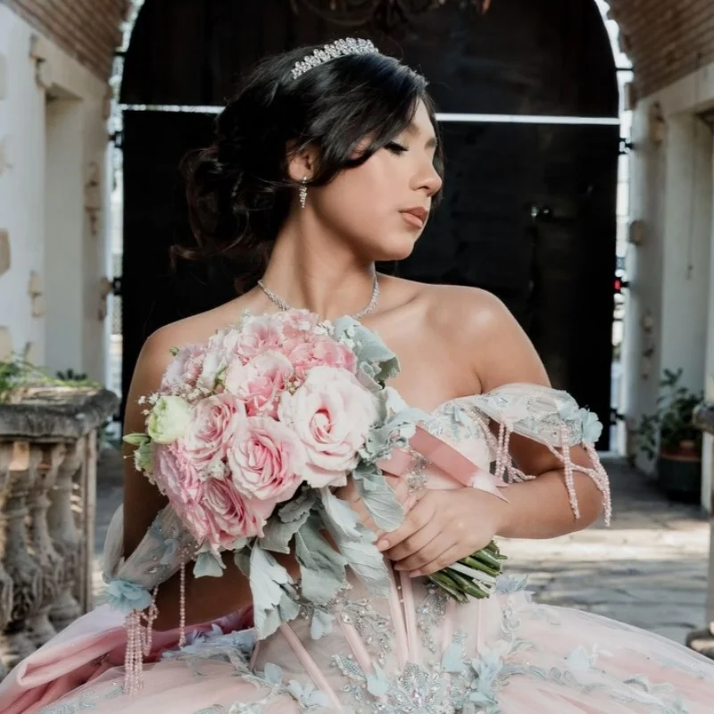 

Pink Quinceanera Dresses Off the Shoulder Glitter Crystal 3D Flower Decal Long tail Bow Vestido De 15 Quinceanera Customize