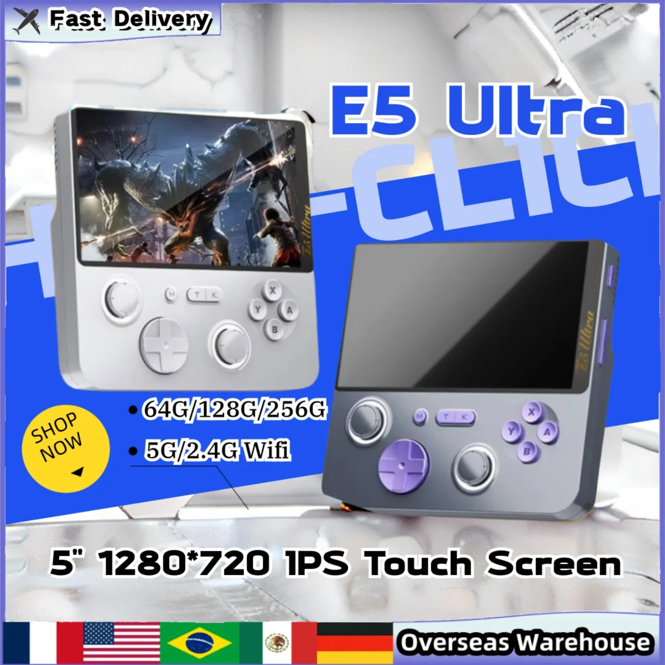 

Портативная игровая консоль E5 Ultra Retro с 5-дюймовым сенсорным IPS-экраном, 5000 мАч, Wi-Fi 2.4G, поддержка плавной облачной игры, подарок для мальчиков