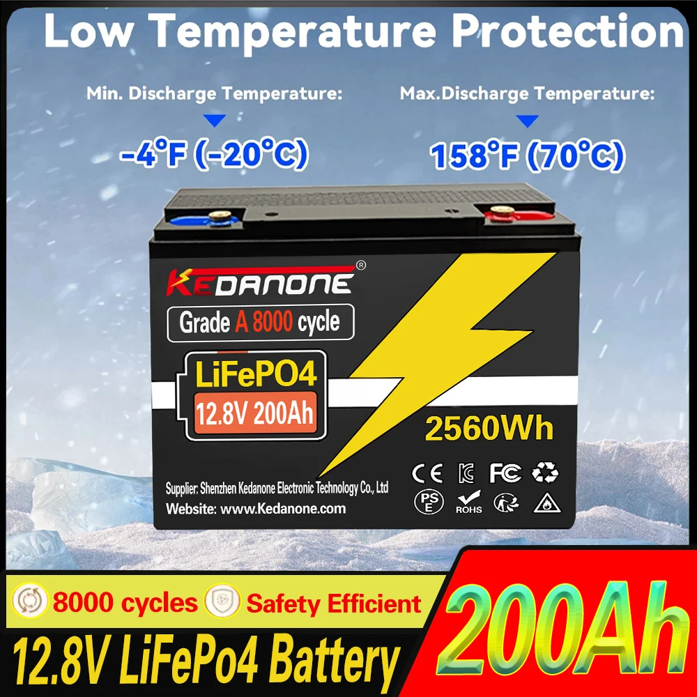 

12.8V 200AH LiFePO4 Battery Built-in 120A BMS RV Rechargeable Lithium Iron Phosphate, Solar Marine Overland Off-Grid Battery