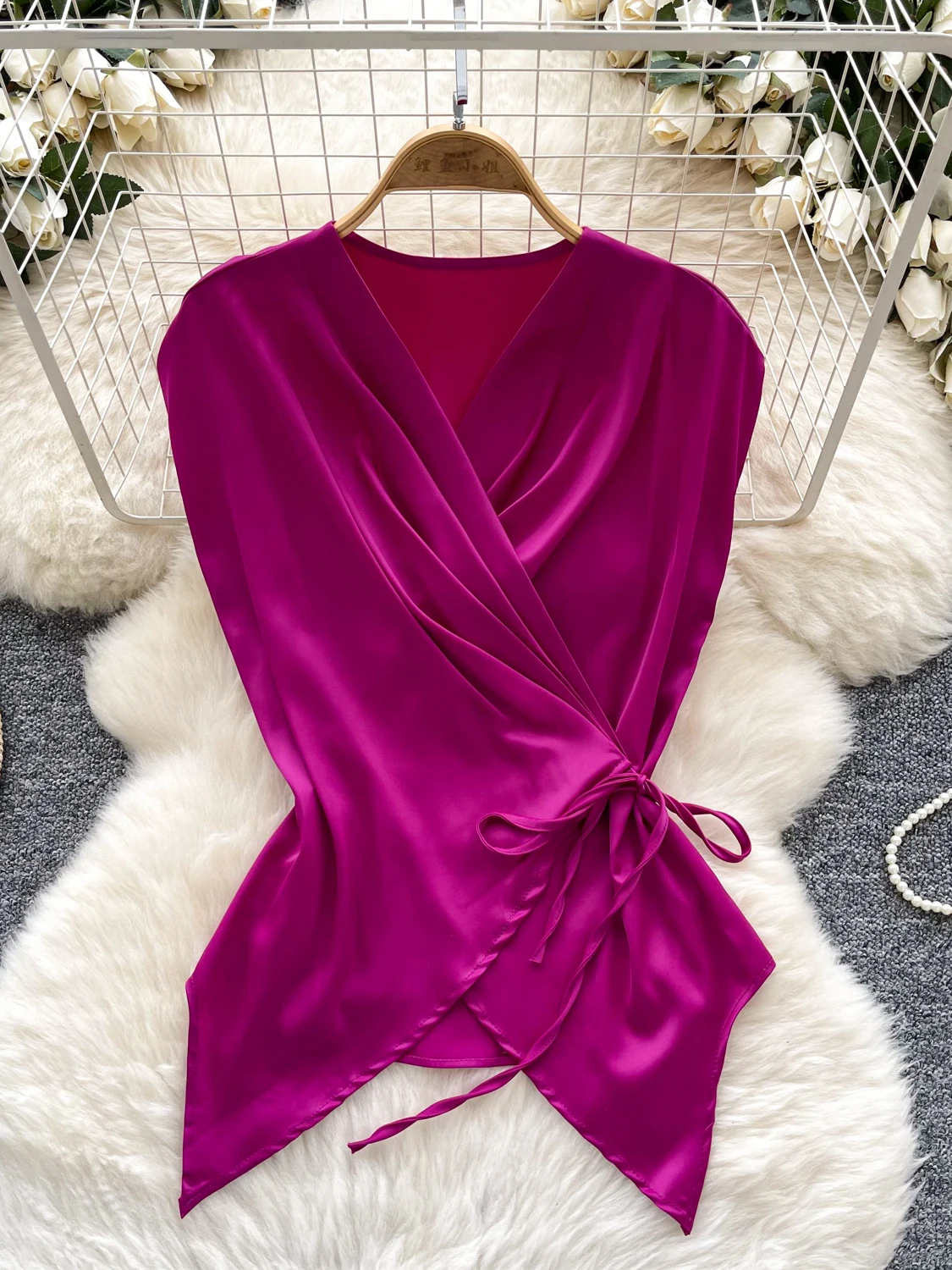 

Ele Casual Satin Waist-Cinching Women's irt Cross-Band Design Summer Faionable Versatile Loose Fit Korean Sle Top