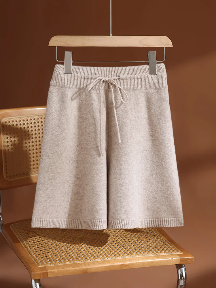 กางเกงขาสั้นผู้หญิง TLOML ผ้าขนแกะเมอริโนแท้ 100% สำหรับฤดูใบไม้ร่วงและฤดูหนาว เนื้อนุ่ม อุ่นสบาย สไตล์ลำลอง คุณภาพสูง แฟชั่นแคชเมียร์ มีเชือกผูก