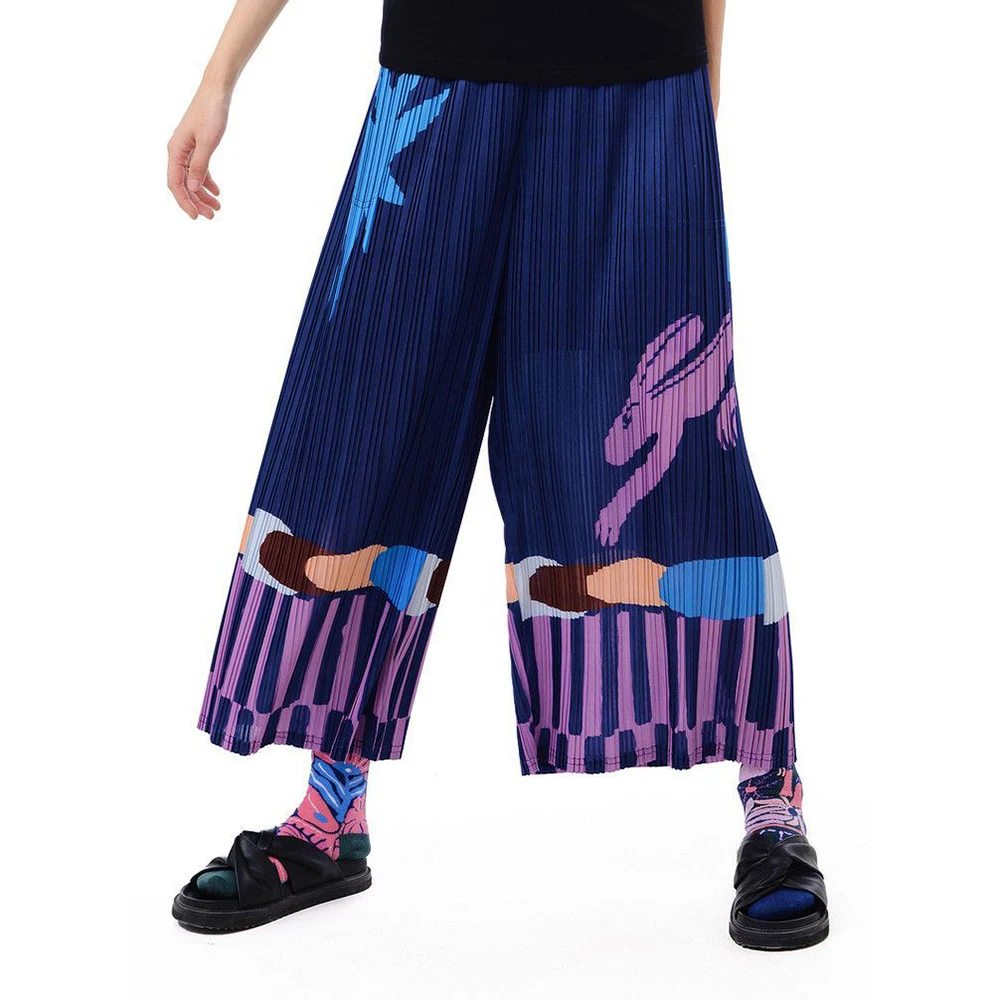 Pleated summer new FUN series elastic waist pocket fun printing casual straight-leg pants women trousers