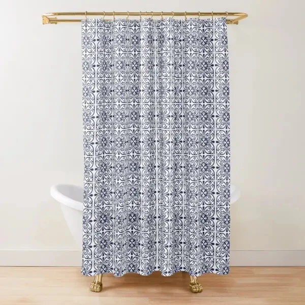 Moroccan Trellis Lattice Pattern Shower Curtain,Indigo Navy Blue White Vintage Geometric Lattice Bathroom Curtains with Hooks