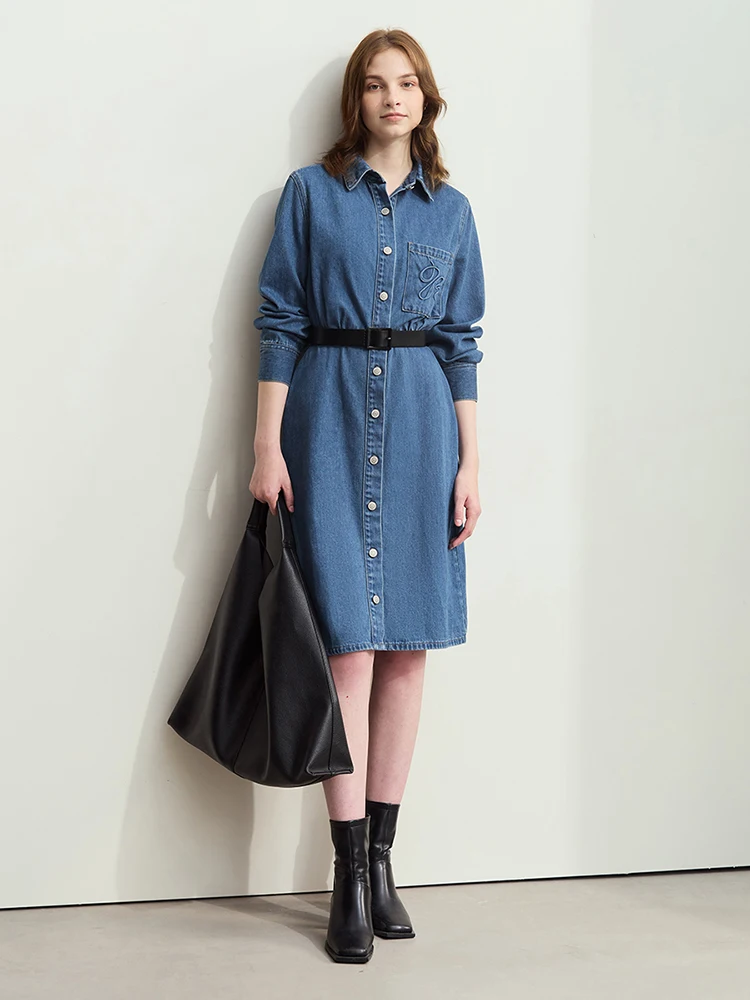 AMII Minimalism Women Denim Dresses 2024 Autumn New Lapel Letter Embossing Shirt-style Dress Lady Casual Dress 12423044