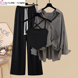 Spring and Summer Suit Women's 2024 New Korean Fashion Retro Tank Top Casual Shirt Versatile Wide Leg Pants Three Piece Set