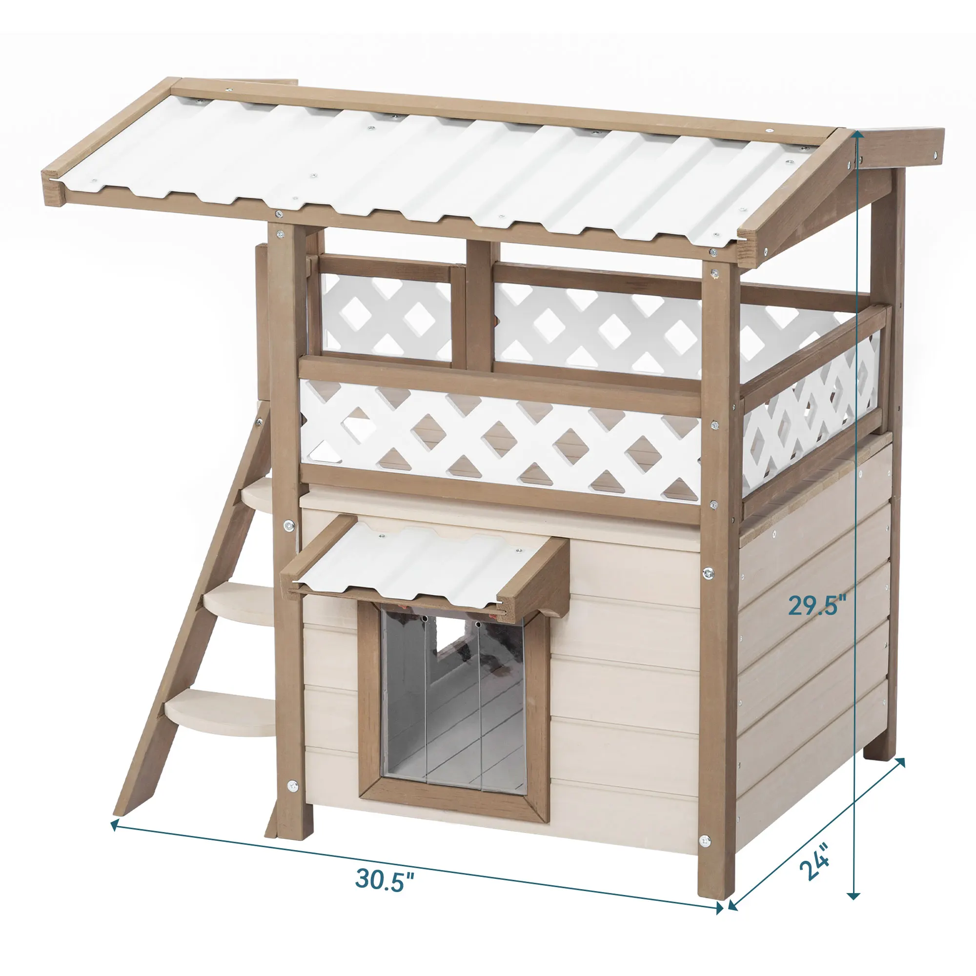 Outdoor Indoor Cat Houses with Durable PVC Roof, Escape Door,Curtain and Stair,2 Story Design Perfect for Multi Cats