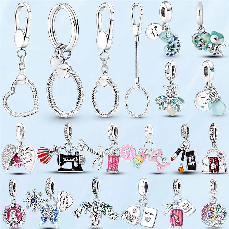 Hot Sale 925 Sterling Silver Moment Key Ring Small Bag Heart Charm Fit Original Charm for Women Jewelry Keychain