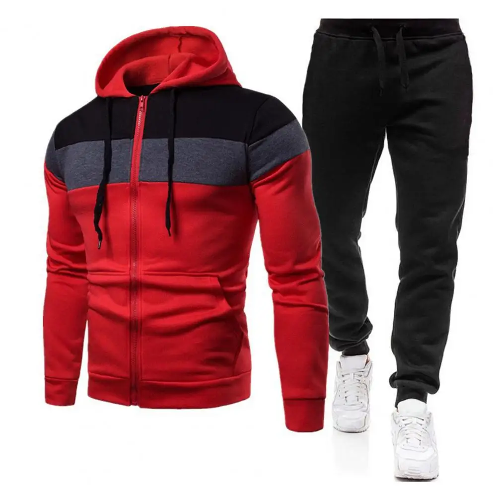 2 Pcs/Set Men Coat Pants Suit Hooded Zipper Closure Drawstring Pockets Elastic Waist Ankle-banded Men Tracksuit Sweatshirt Set