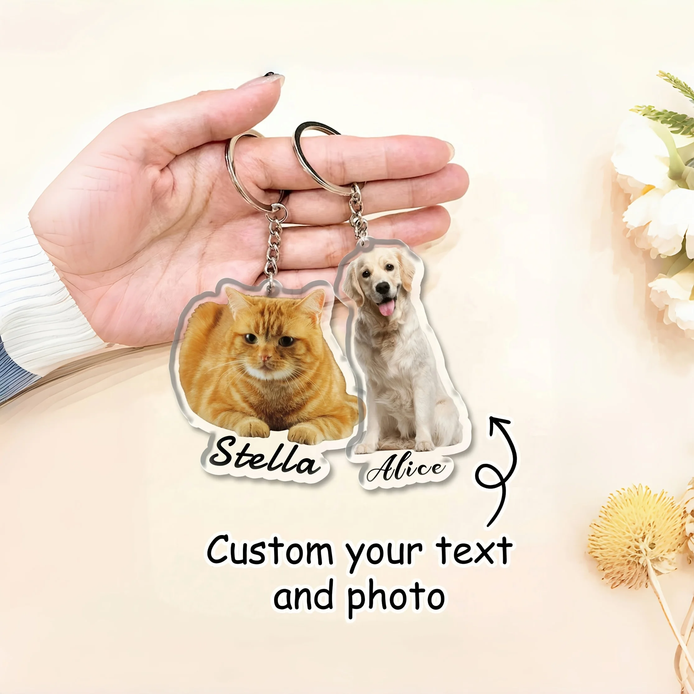[2D Flat] [2D Flat] 1 Personalized Acrylic Keychain, Custom Name Photo Keychain, Backpack Pendant, Pet Keychain, Cat Dog Key Tag