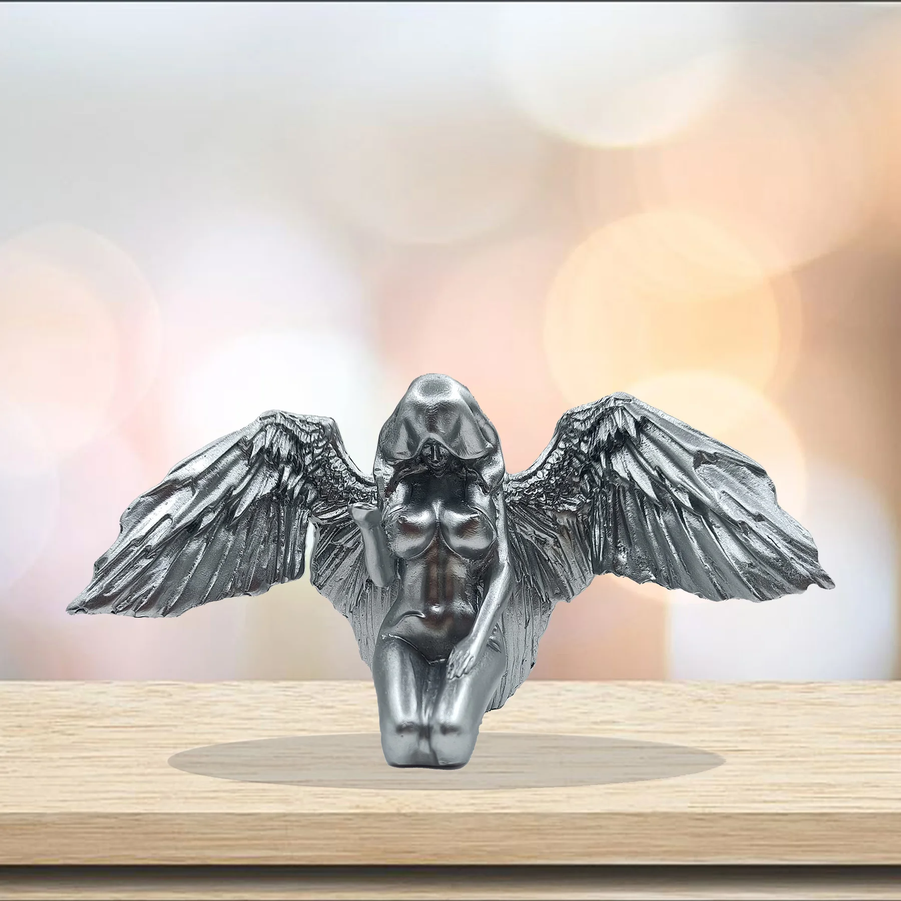 Silver Angel fairy statue, 3D creative angel home art decoration, kneeling clothes and hats naked naked sexy body silver resin s