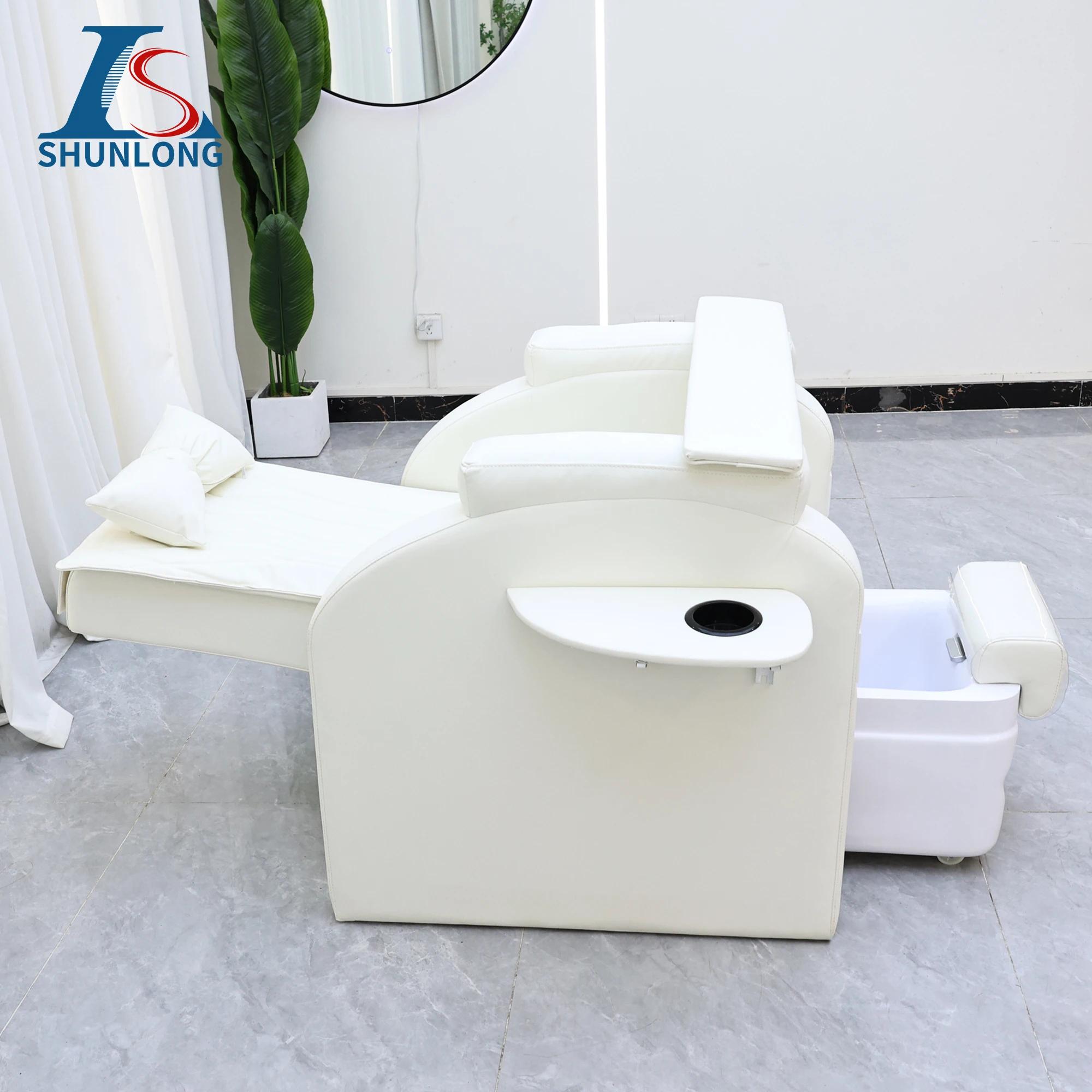 White PU Pedicure Spa Chair Reclining Nail Salon Chair with Pull-out Foot Basin & Cup Holder Beauty Furniture