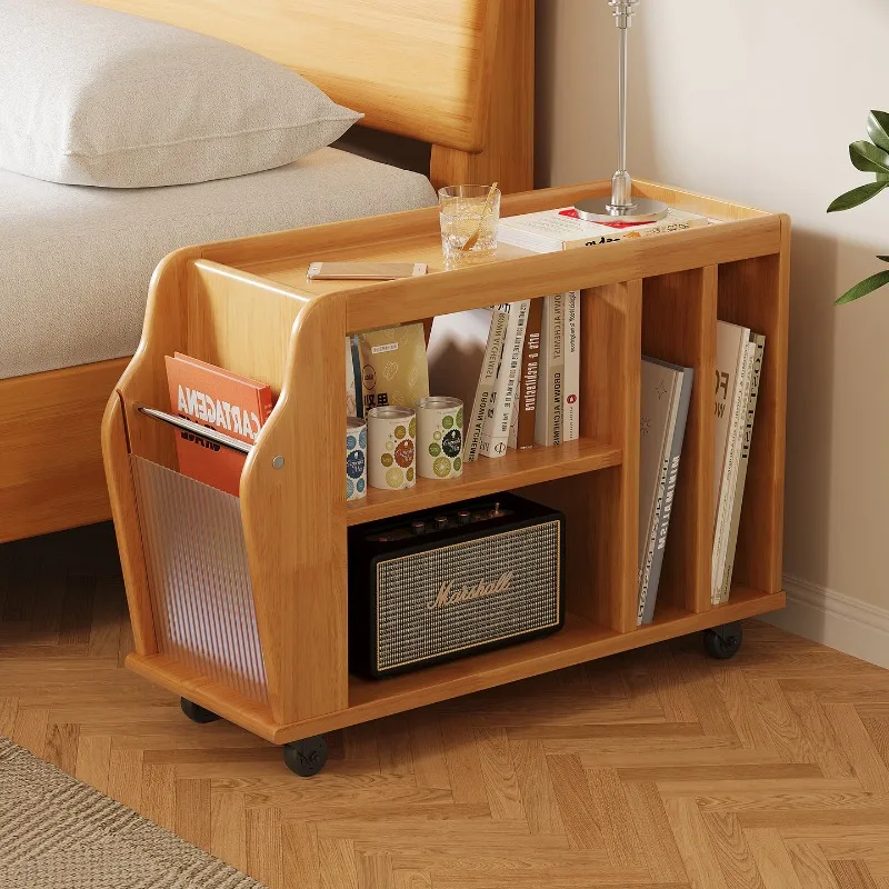 Solid wood edge table Movable coffee table Nordic sofa side cabinet Home side cabinet Living room storage trolley rack
