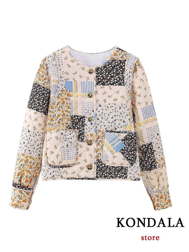 KONDALA Chic Patchwork Flower Streetwear  Jacket Women Fashion 2023 Autumn Long Sleeve O Neck Button Coat Vintage Casual Outwear