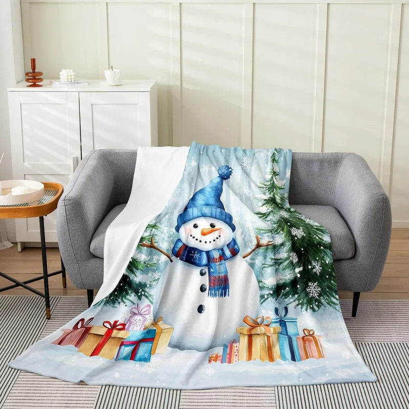 Cute snowman flannel blanket 80INX60IN Christmas sofa bed cover blanket New Year blue throw blanket