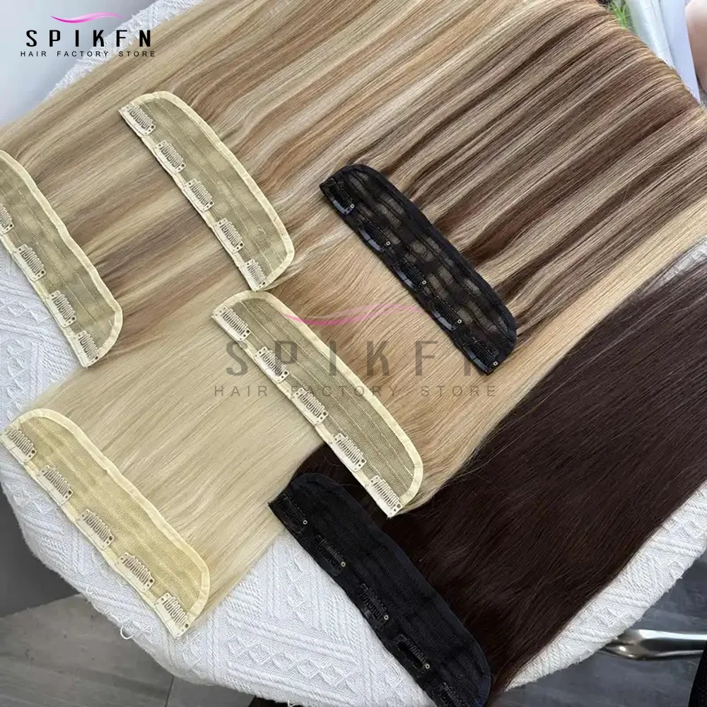 SPIKFN 클립형 원피스 헤어 익스텐션 14"-22인치 머신 레미 헤어피스 내추럴 스트레이트 블랙 브라운 블론드 착용 용이