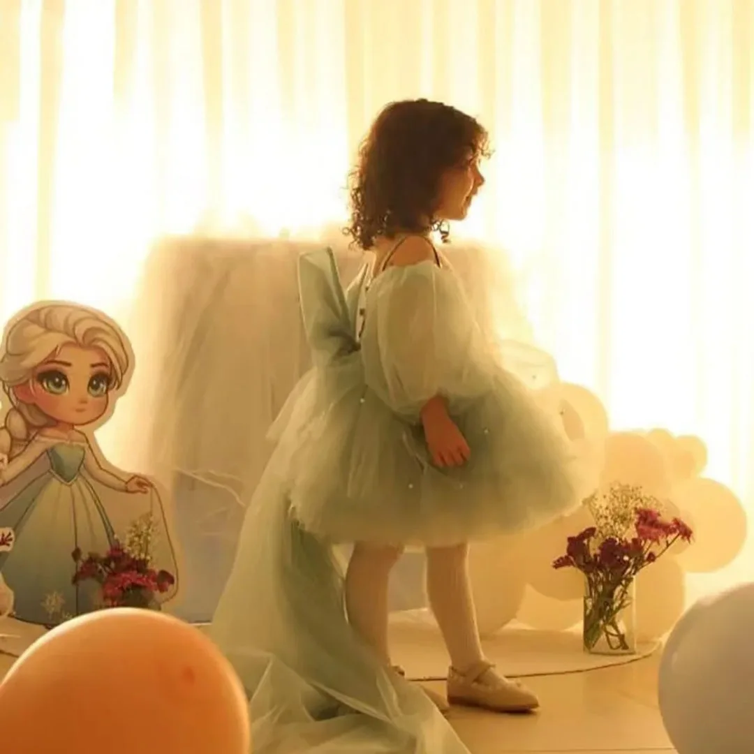 Vestido de niña de flores verde personalizado para boda con lazo hasta la rodilla niña hinchada fiesta de cumpleaños para niños vestidos de primera comunión