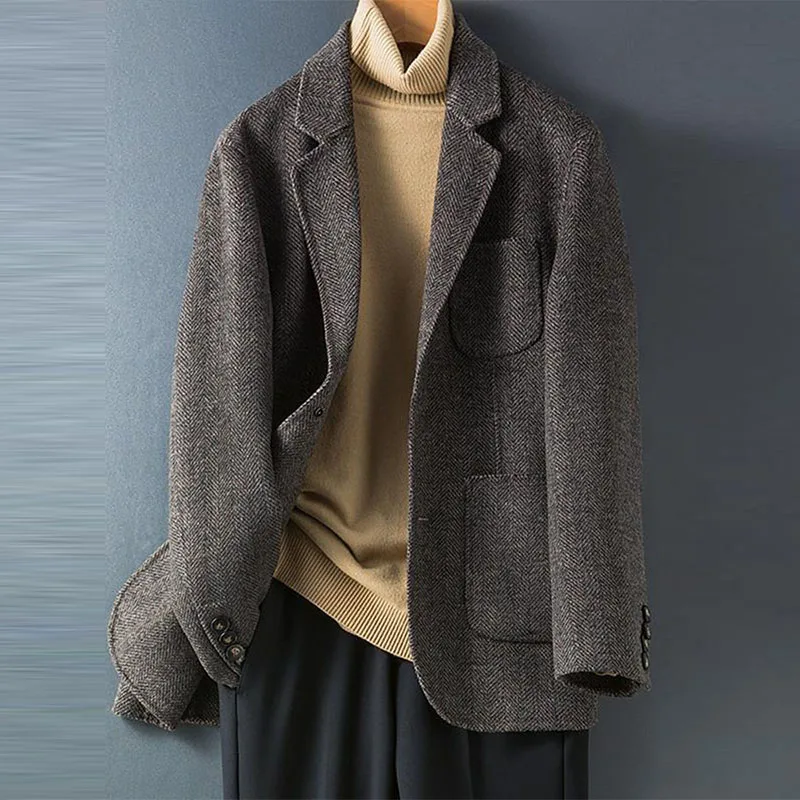 Trendy Men Elegant Woolen Coat Gentleman Suit Autumn Winter Double-sided Tweed Alpaca Wool Business Casual Clothes