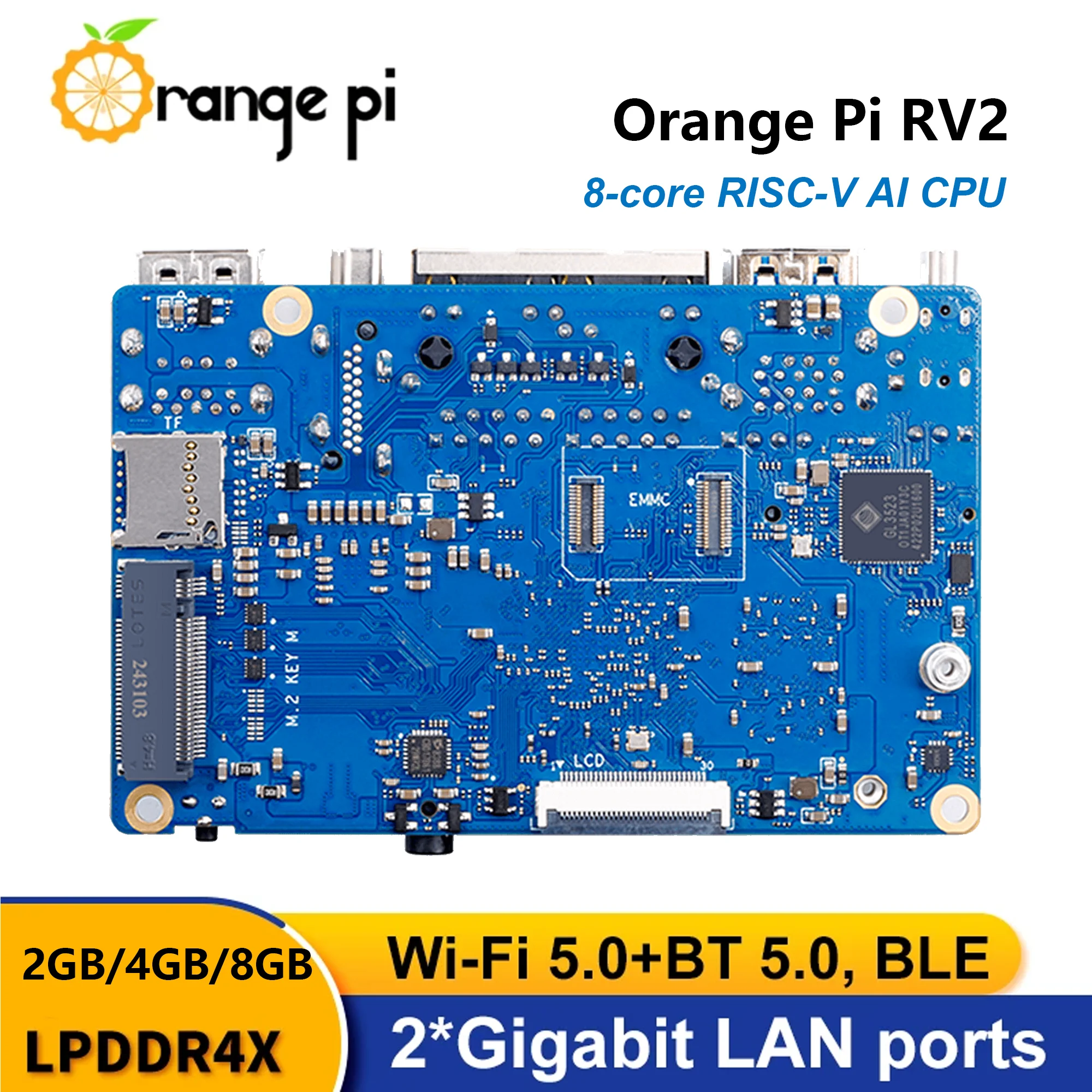 Orange Pi RV2 8-ядерный процессор RISC-V AI Макетная плата 2 ТОП NPU WiFi + BT5.0 Gigabit Ethernet SBC M2 NVMe SSD 2 ГБ/4 ГБ/8 ГБ опционально