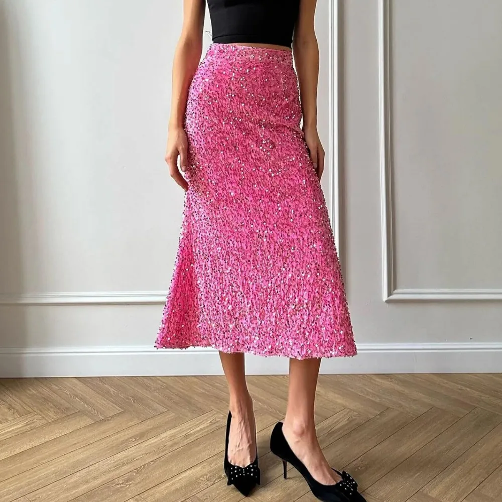 Pink Sequins Midi Skirt Women Elegant High Waist Bodycon A-line Skirts Autumn Winter Fashion Shine Party Christmas Skirt 2024