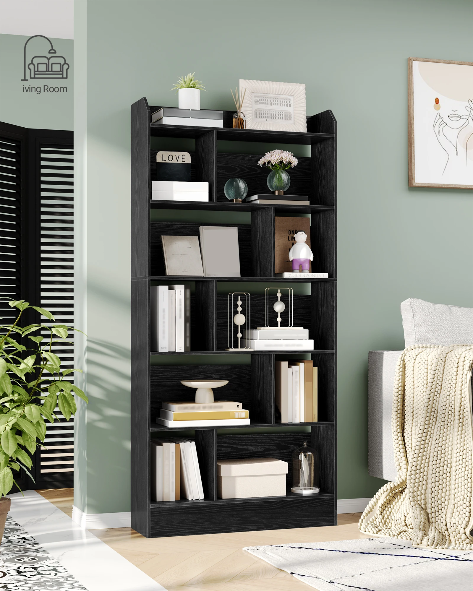 Estantería con 6 compartimentos, estante de almacenamiento, estantería de pie para sala de estar, oficina, dormitorio, 24 x 80 x 170 cm, color negro