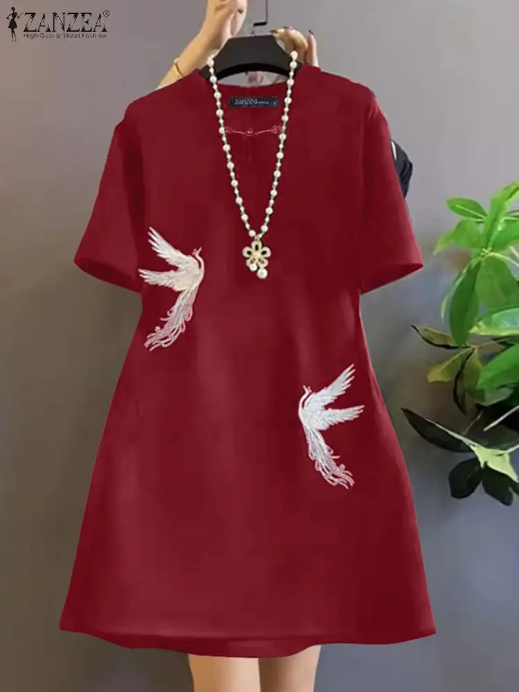 ZANZEA Elegant Embroidery New Chinese Dress Women Vintage Loose Vestidos 2024 Summer Frog Button Knee Dress Retro Holiday Dress