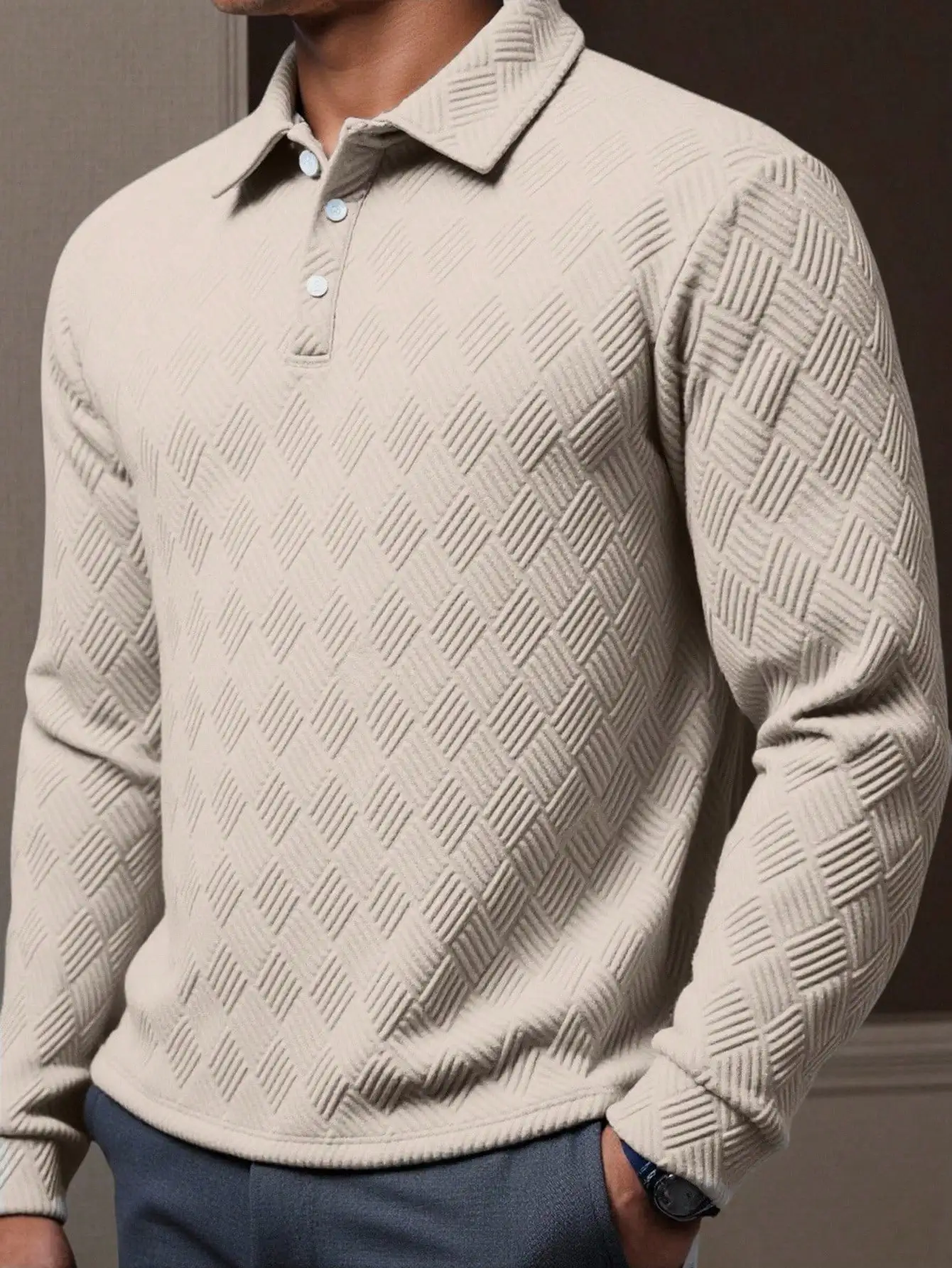 

Men's Textured Diamond Knit Long Sleeve Polo Shirt, Casual Fall Wear