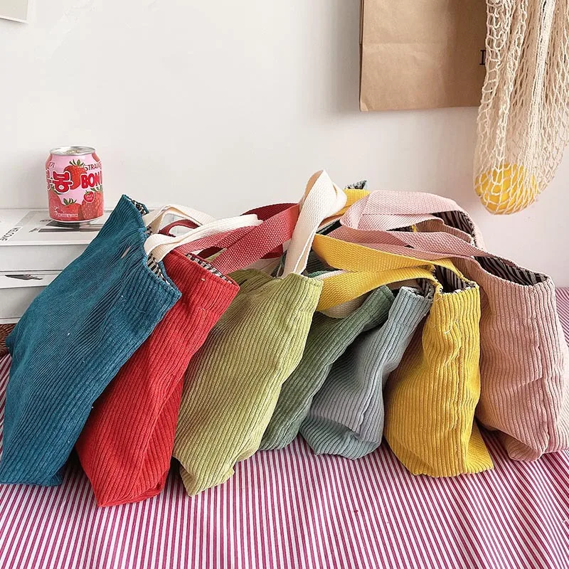 Custom Printed Color Solid Color Corduroy Handbag for Women Foldable Reusable Large Capacity Cosmetic Storage Shopping Bags