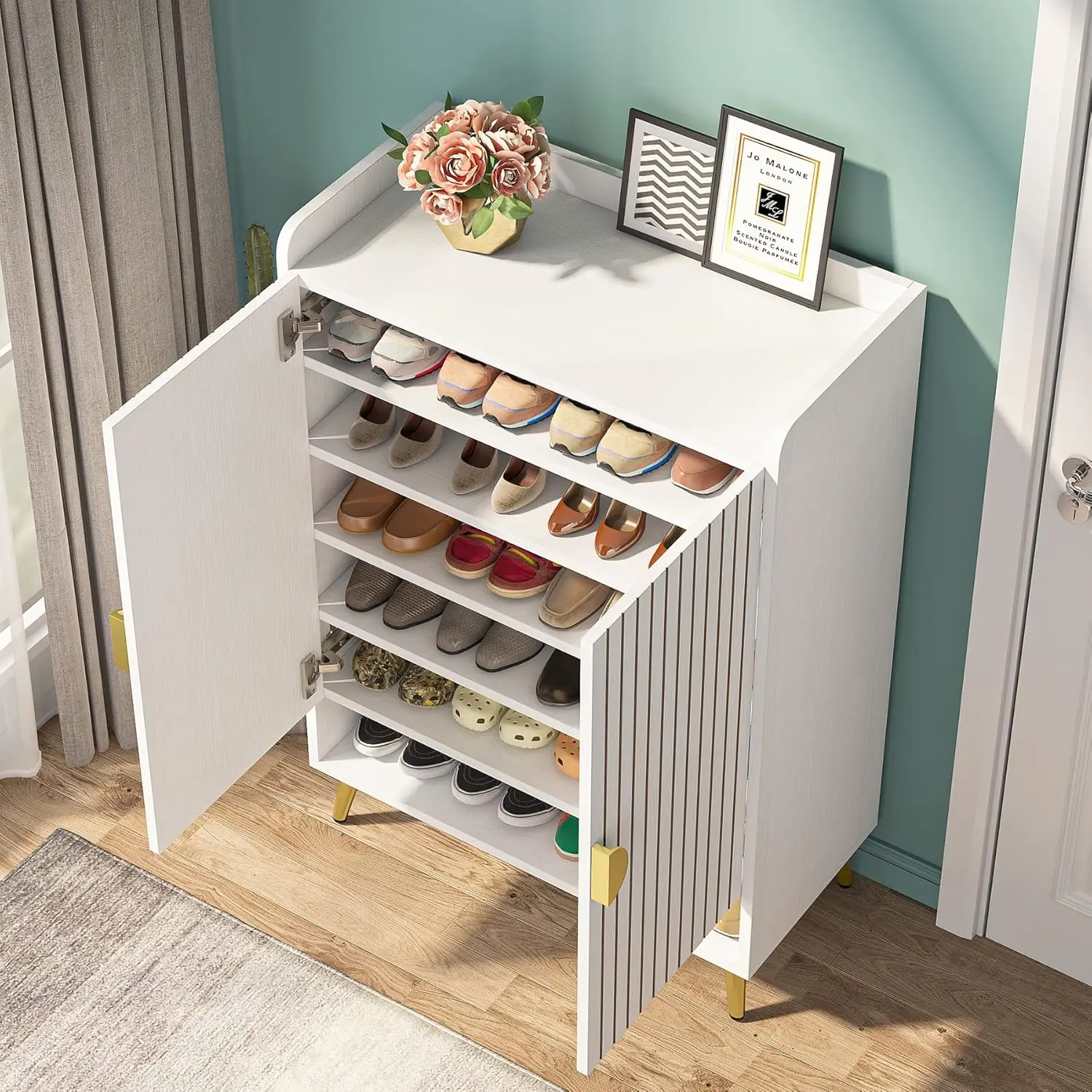 Shoe Cabinet with Doors, 6-Tier Shoe Storage Cabinet with Adjustable Shelves, Wooden Shoes Rack Shoe Storage Organizer for Entry