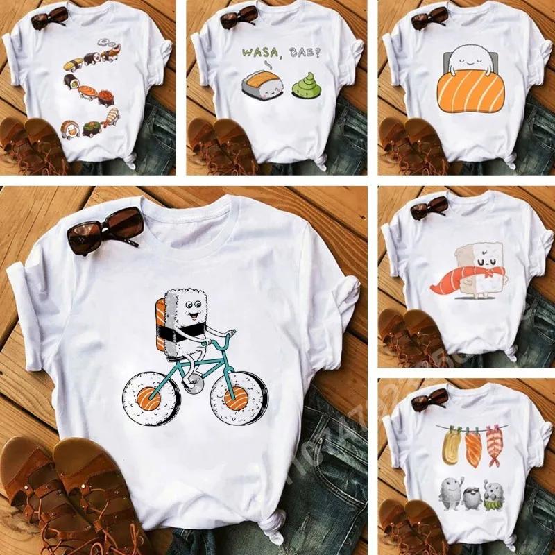 Cute Sushi Print Women T-Shirts Summer Y2k Top Short Sleeve Tee Lady Harajuku Cartoon Graphic Tshirt Oversized Casual Clothing