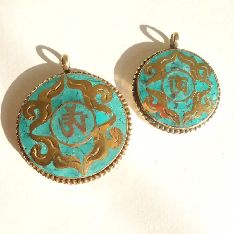 Tibetan OM Amulet Pendant White Metal Copper Inlay Stone TBP153