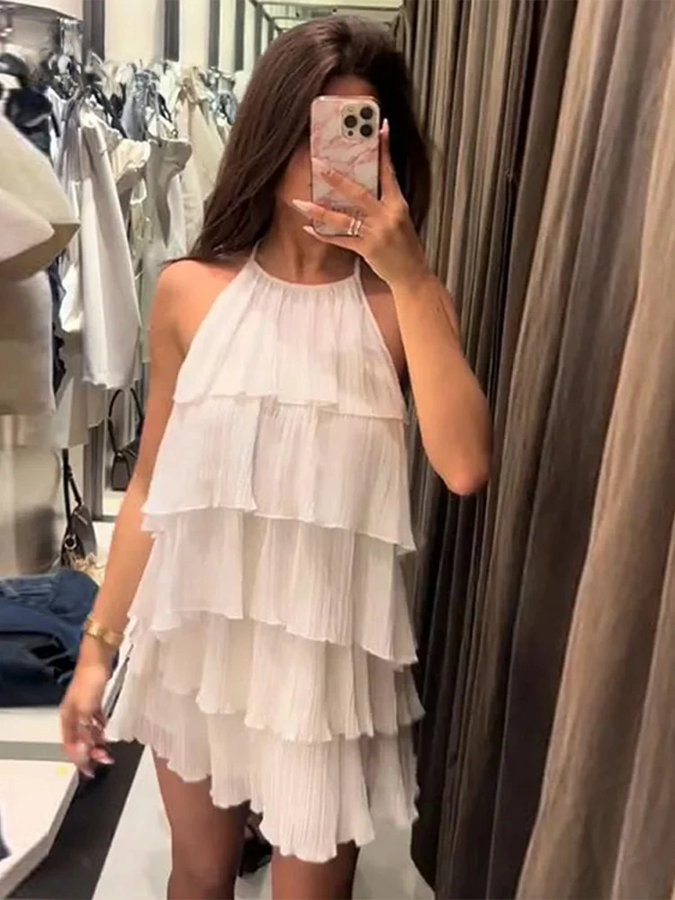 Sexy Cascading Rüschen Backless Kurzes Kleid Frauen Halfter Ärmellose Spitze Up A-line Party Kuchen Kleider Sommer Dame Chic Robe