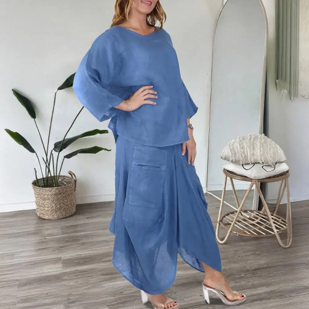 

Women's Cotton Linen 2 Piece Set 3/4 Sleeve Elegant Crew Neck Blouse Irregular Midi Skirt Set Summer Casual Loungewear Outfit