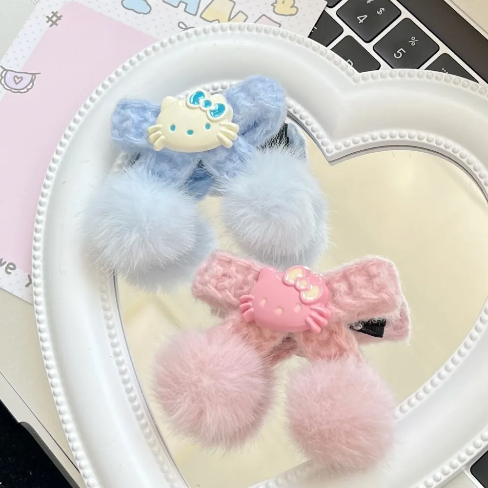 Elegante e dolce fiocco di lana con frangia di gatto, fermaglio per capelli riempito al latte, doppia coda di cavallo per ragazza giapponese carina