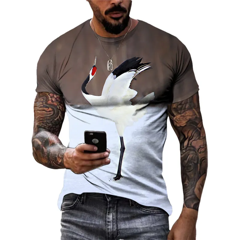 Summer New Creative 3D Printed Crane Graphic T Shirts Men Fashion Casual Street Style Tees Trend Personality O-neck Short Sleeve