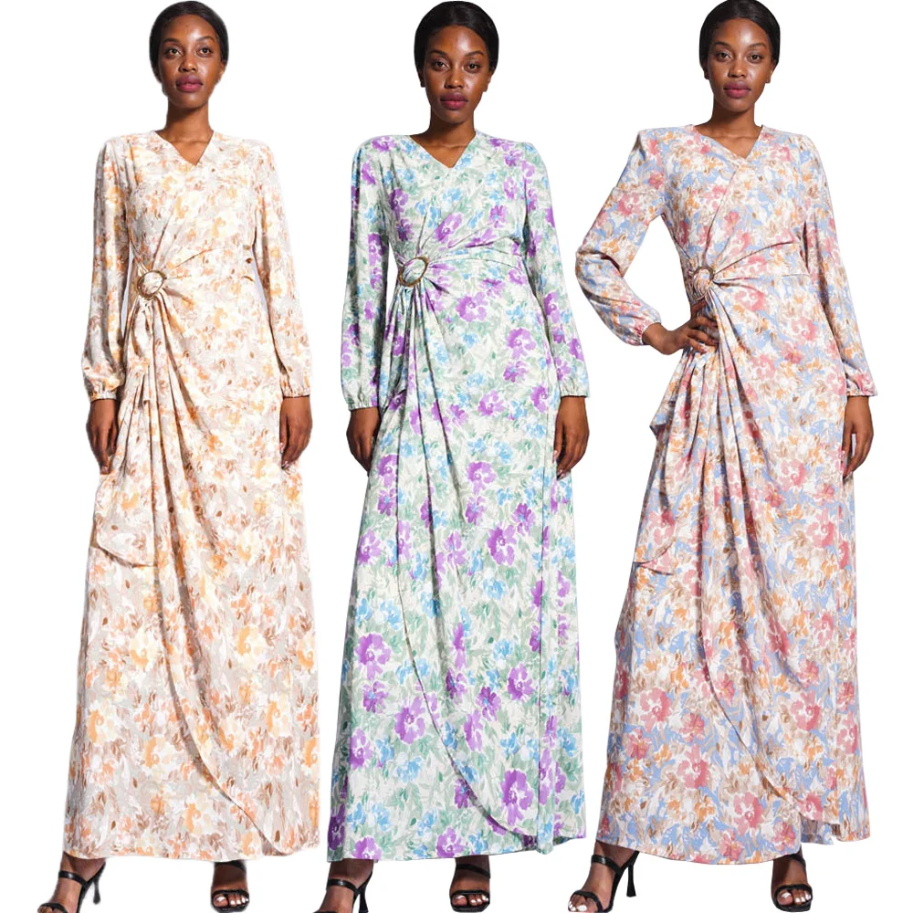 Morocco Floral Print Abaya Women Muslim Long Maxi Dress Turkey Arab Robe A-Line Dresses Party Kaftan Clothing Musulmane Vestidos