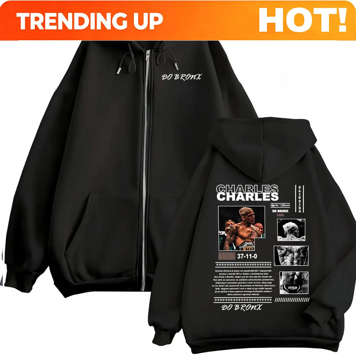 Customization Limited Charles Oliveira Do Bronx Zipper Hoodies Men's Violence Aesthetics Jacket Sweatshirt High Quality Zip Up P