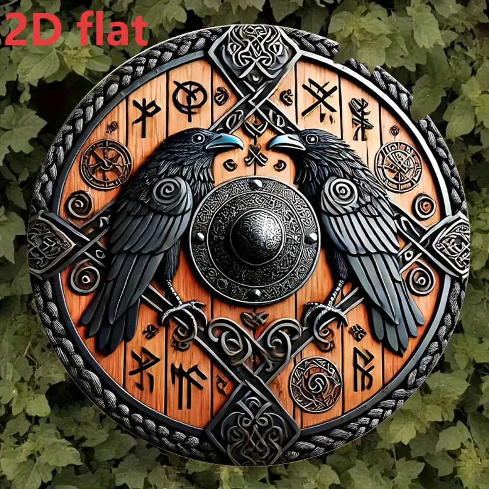Viking Shield Wall Decor Metal 20 Inch Round Norse Art with Celtic Knot Raven Design for Home Bar Outdoor Holiday Gift Halloween