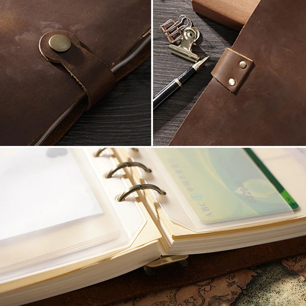 Top Cuoio Genuino di Modo Anelli Notebook A5 Planner Con Ottone Legante Spirale Sketchbook Con Bottone A Pressione Personale Diario di Cancelleria