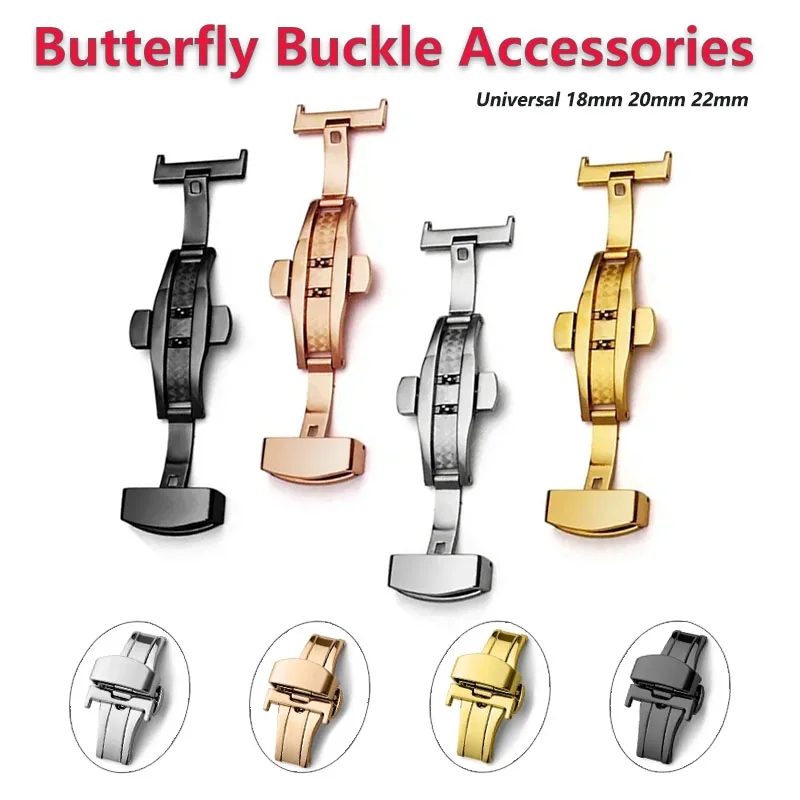 Universal 18mm 20mm 22mm Stainless Steel Solid Double Push Button Fold Watch Buckle Butterfly Deployment Clasp Watch Strap