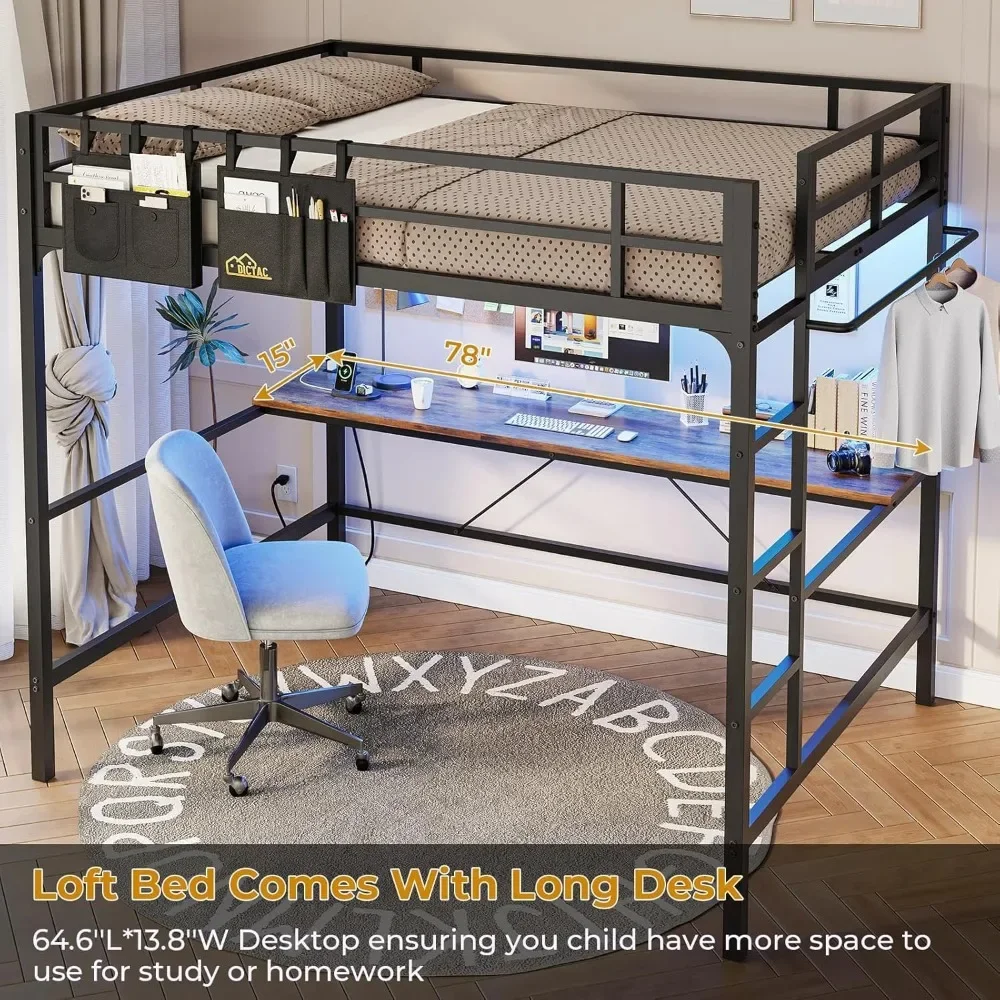 

Loft Bed Frame Full Size Heavy Duty Metal Loft Bed with Desk, Charging Station, Led Lights, Clothes Rail, Safety Guard, Ladder