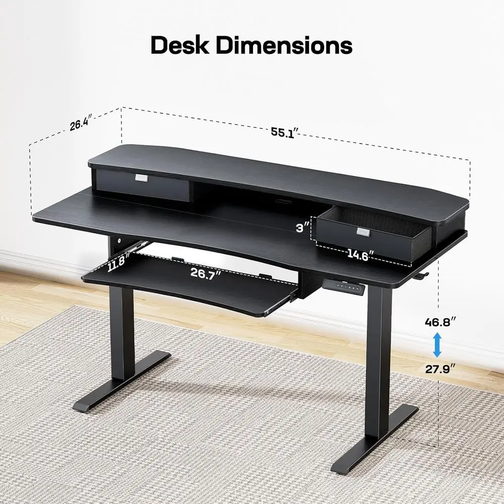 26.7 Large Keyboard Tray Electric Desk, 55x26, 2 Drawers, C-Clamp, Adjustable, 4 Height Settings, Black
