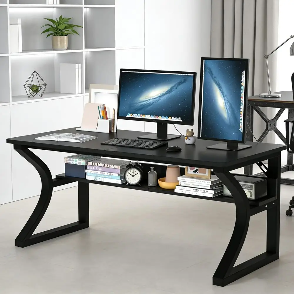 

55 C-Shaped Metal Frame Computer Desk with Storage for Home Office and Study