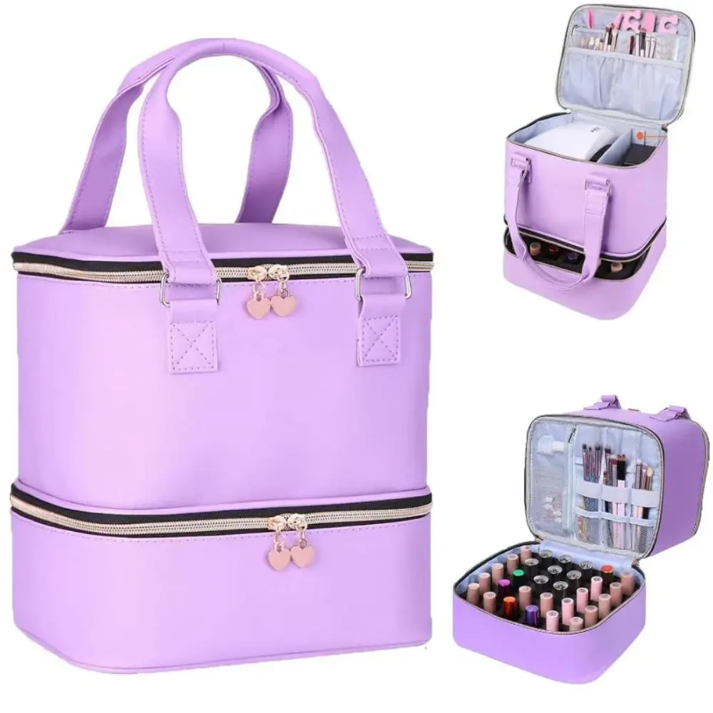 Double Layer Nail Polish Storage Bag 30 Grids PU Leather Essential Oil Organizer Bag Handheld Waterproof Cosmetic Bag